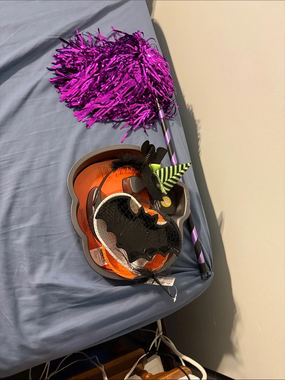 Halloween Pumpkin Cake Pan, witch head band, bowls, purple shaker on stick